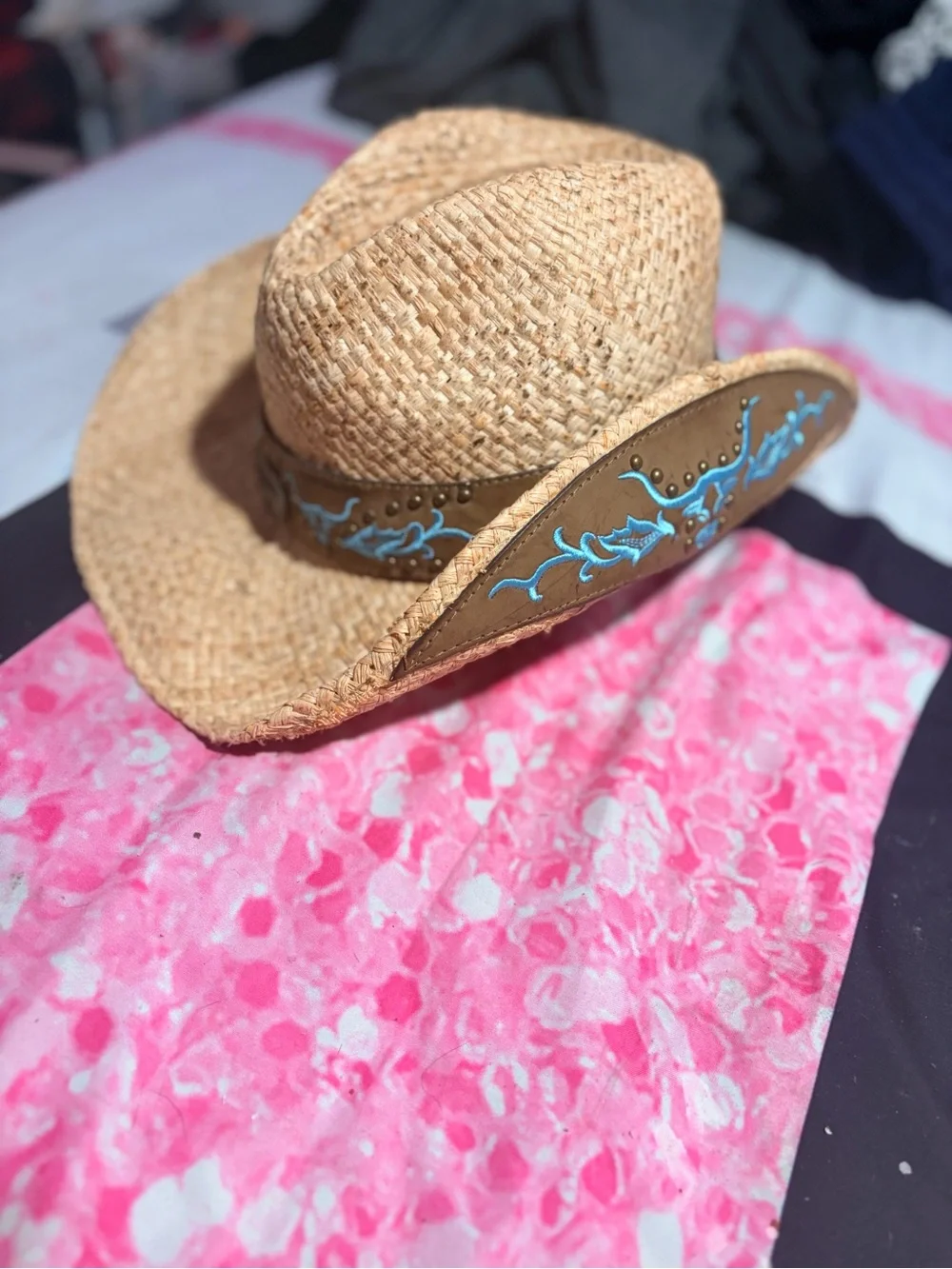 NWOT Vintage Straw Western Cowboy Hat, Turquoise Embroidered, bull longhorn